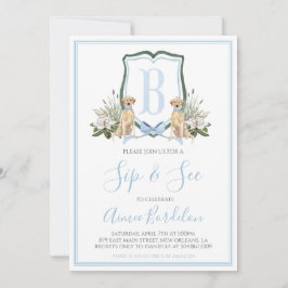 南名門私立校風の青の男の子の犬の赤ちゃんシャワー 招待状