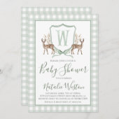 南名門私立校風の鹿セージ緑の少年の赤ちゃんシャワー 招待状 (正面/裏面)