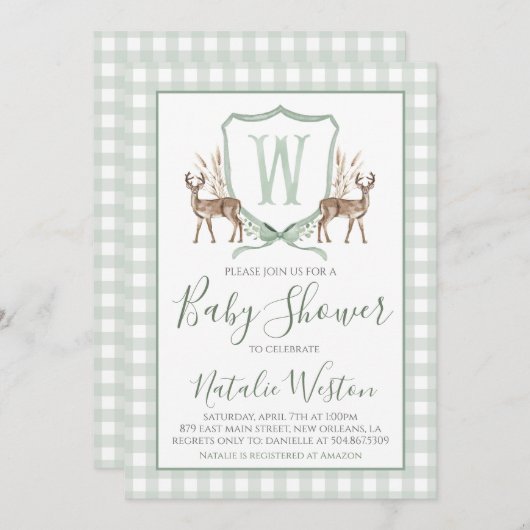 南名門私立校風の鹿セージ緑の少年の赤ちゃんシャワー 招待状 (正面/裏面)