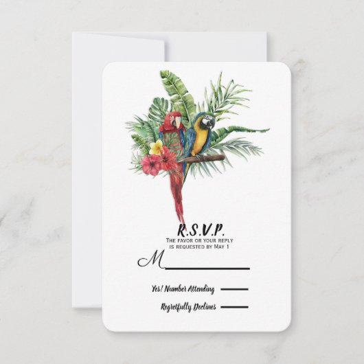 南国の鳥とトロピカルフラワーの結婚式RSVP 出欠カード (正面)