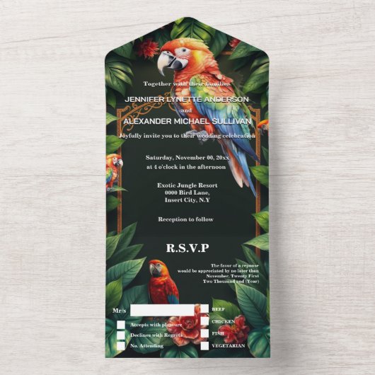 南国ジャングルの宝石、パラダイスの鳥、ペアロットからの結婚式出欠確認のお願い オールインワン招待状 (内側)