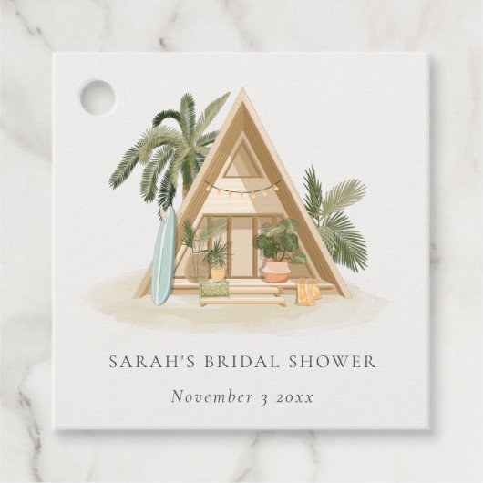 南国リゾートのヤシの木の浜辺の小屋 ブライダルシャワー フェイバータグ (正面)