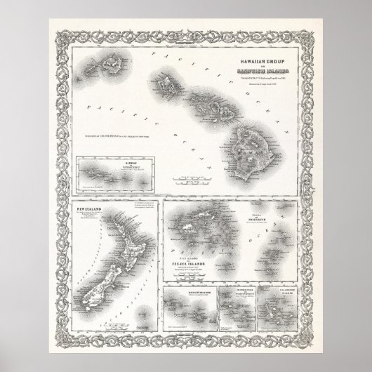 南太平洋とハワイ諸島の地図1855 ポスター (正面)