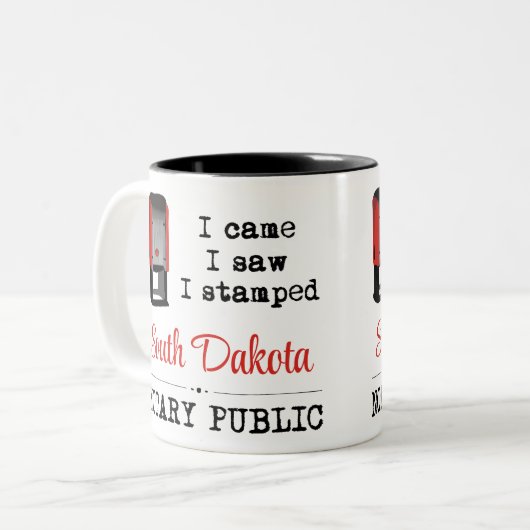 南来ダコタ州の公証人が刻印された ツートーンマグカップ (正面左)