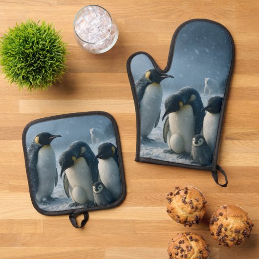 南極、集まる皇帝ペンギン、ペンギンの家族の出会い 鍋つかみ&鍋敷きセット (トップダウン)