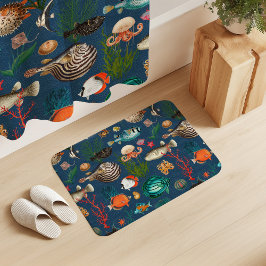 南洋の鮮やかな魚たち　マリンブルーの背景に バスマット