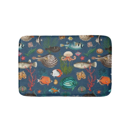 南洋の鮮やかな魚たち マリンブルーの背景に バスマット (正面)