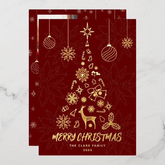 南産暗赤色クリスマスツリー3写真コラージュ 箔シーズンカード (正面/裏面)