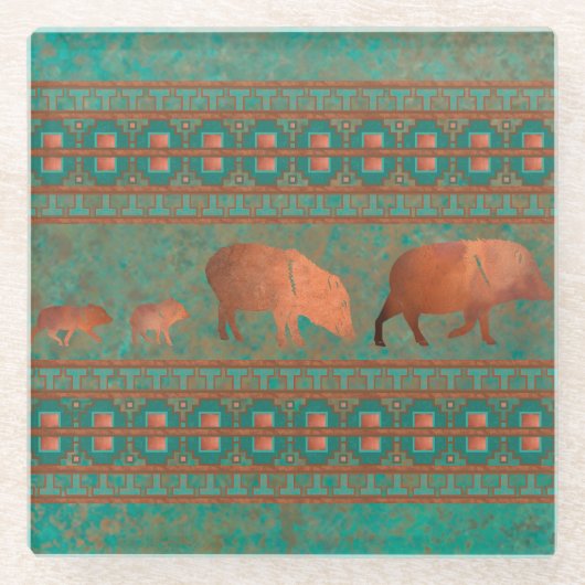 南西おもしろいジャベリーナファミリーコッパーティール（緑がかった色） ガラスコースター (正面)