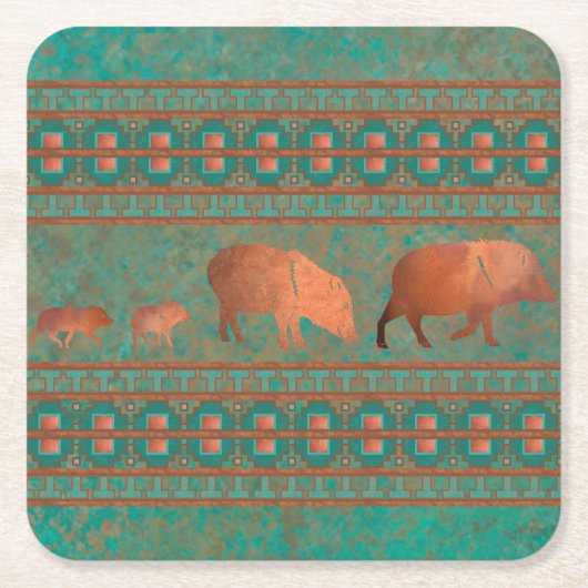 南西おもしろいジャベリーナファミリーコッパーティール(緑がかった色) スクエアペーパーコースター (正面)