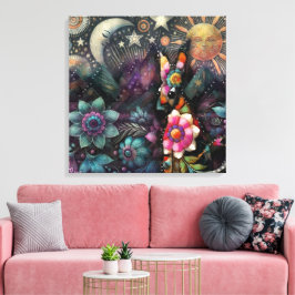 南西お洒落コヨーテ動物フローラ太陽ムーン キャンバスプリント