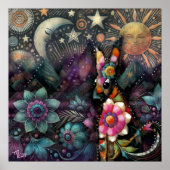 南西お洒落コヨーテ動物フローラ太陽ムーン ポスター (正面)