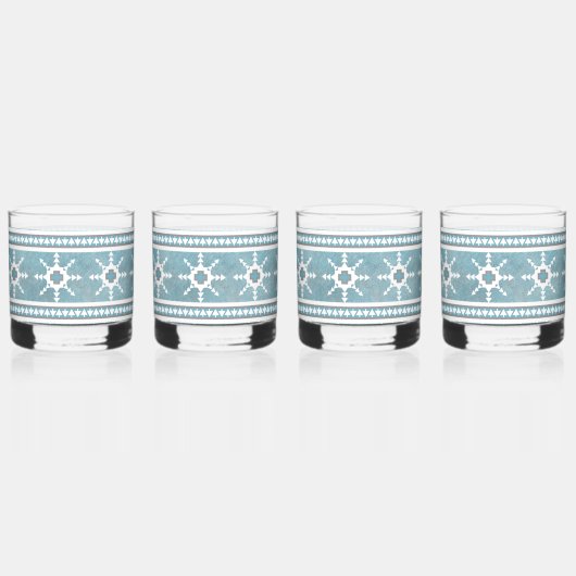 南西の冬の幾何学的な雪の結晶ブルー&ホワイト ウイスキーグラス (正面)