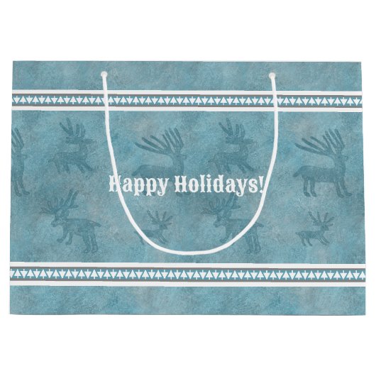 南西の冬の鹿と幾何学的な松の青 ラージペーパーバッグ (正面)