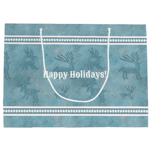 南西の冬の鹿と幾何学的な松の青 ラージペーパーバッグ (裏面)