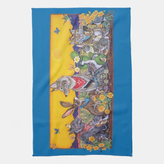 南西の砂漠の動物のウサギうずらコヨーテサン キッチンタオル (縦)