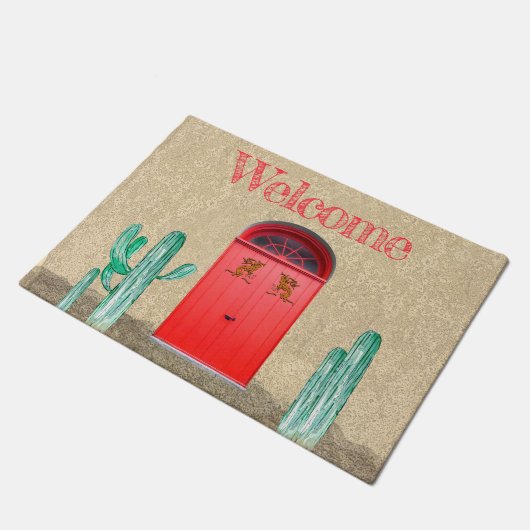 南西アーチ型レッドドアサグアーロサボテン ドアマット (アングル)