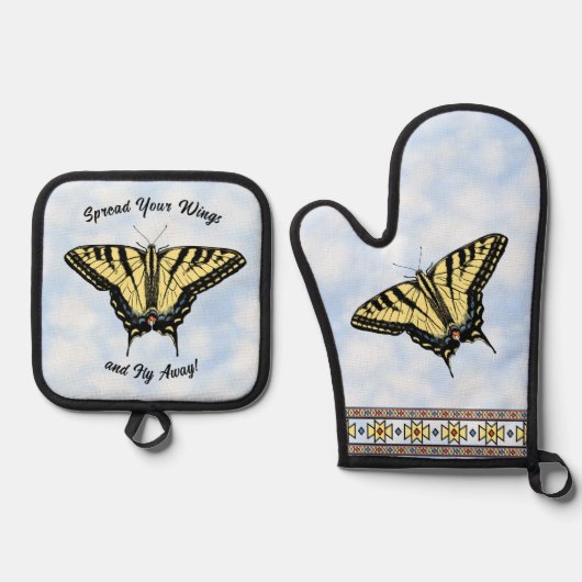 南西イエローバタフライパーソナライズされた 鍋つかみ&鍋敷きセット (正面)