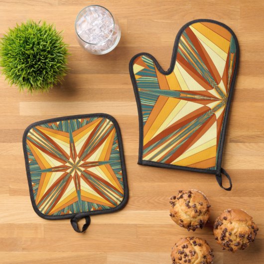 南西ゴールデンサンレイズインディアン毛布デザイン 鍋つかみ&鍋敷きセット (トップダウン)