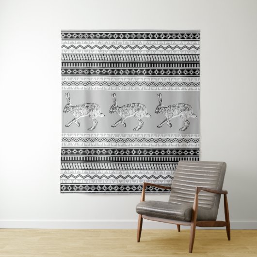 南西ジャックラビット白黒グレイ幾何学模様 タペストリー (インサイチュ)