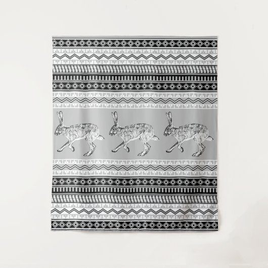 南西ジャックラビット白黒グレイ幾何学模様 タペストリー (正面)