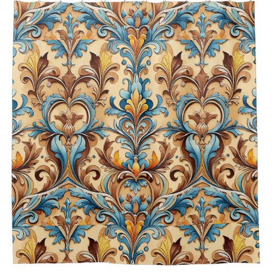 南西スタイル対称モチーフタンターコイズ シャワーカーテン (正面)