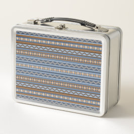 南西スタイル青と茶色の幾何学的パターン メタルランチボックス