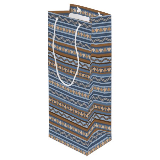 南西スタイル青と茶色の幾何学的パターン ワインギフトバッグ (裏面アングル)