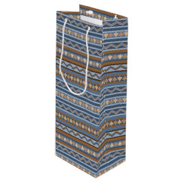 南西スタイル青と茶色の幾何学的パターン ワインギフトバッグ
