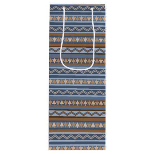 南西スタイル青と茶色の幾何学的パターン ワインギフトバッグ (正面)