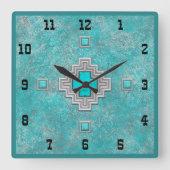 南西ターコイズストーンジオメトリックウェスタンスタイル スクエア壁時計 (正面)