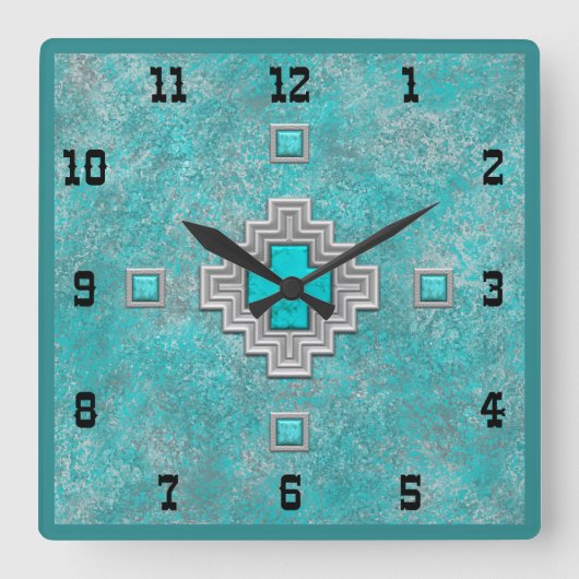 南西ターコイズストーンジオメトリックウェスタンスタイル スクエア壁時計 (正面)