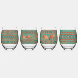 南西ティール（緑がかった色）銅ジャベリーナスと幾何学的セット ステムなしワイングラス