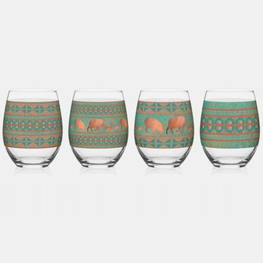 南西ティール（緑がかった色）銅ジャベリーナスと幾何学的セット ステムなしワイングラス (正面)