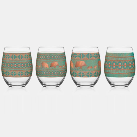 南西ティール（緑がかった色）銅ジャベリーナスと幾何学的セット ステムなしワイングラス (裏面)