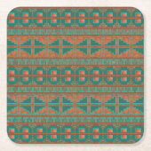 南西ティール(緑がかった色)銅色の幾何学的パターン スクエアペーパーコースター (正面)