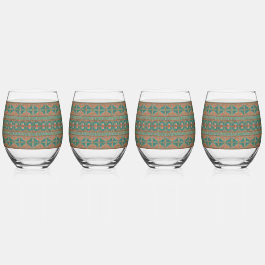 南西ティール(緑がかった色)銅色の幾何学的パターン ステムなしワイングラス (裏面)