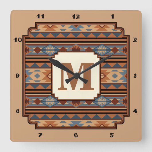 南西デザインAdobe灰色の茶色の部族パターン スクエア壁時計 (正面)