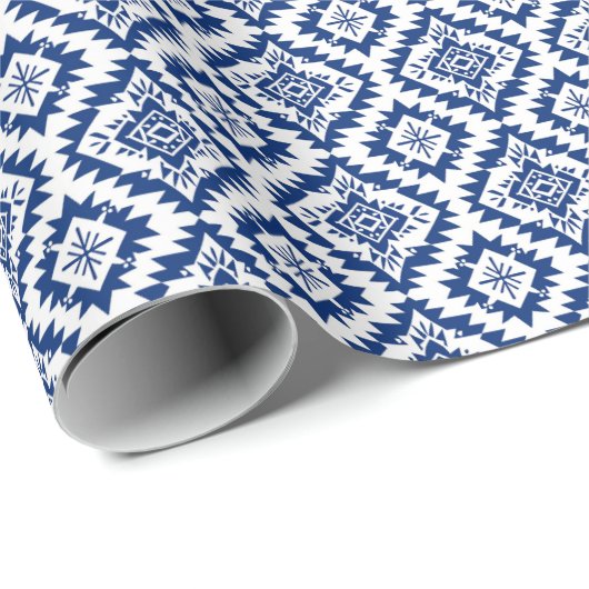 南西ナバホ青 – 白エスニック幾何学模様 ラッピングペーパー (ロールコーナー)