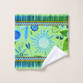 南西パターンボホ花ブルー、緑、黄 バスタオルセット (ウォッシュタオル)