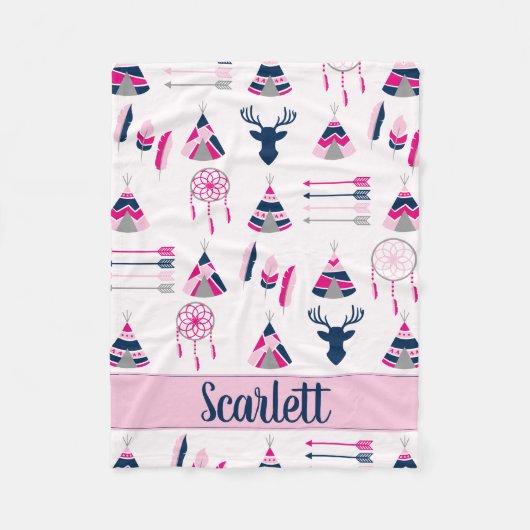 南西ピンクと青の鹿 フリースブランケット (正面)