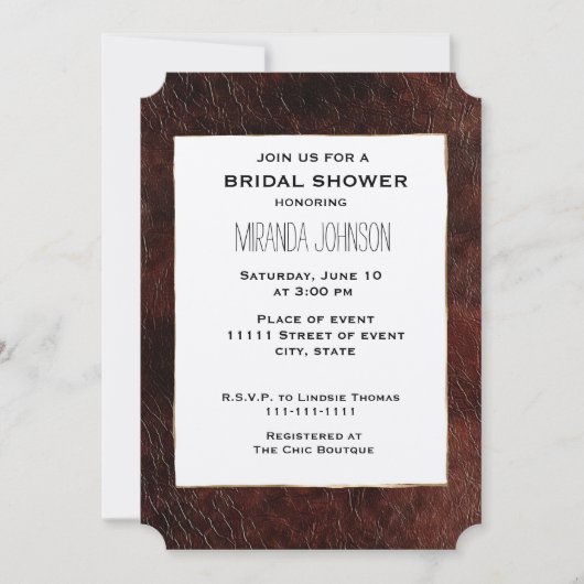 南西フェイクブラウンレザーコーヒドブライダルシャワー 招待状 (正面)