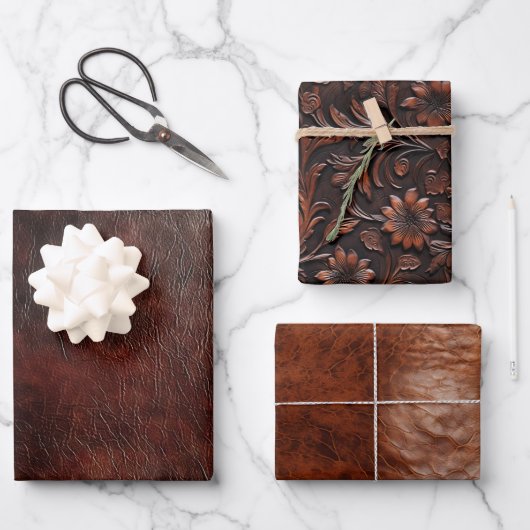 南西フェイク茶色の革の牛革フローラ ラッピングペーパーシート (正面)
