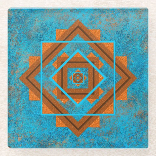 南西マウンテンピークターコイズ幾何学 ガラスコースター (正面)