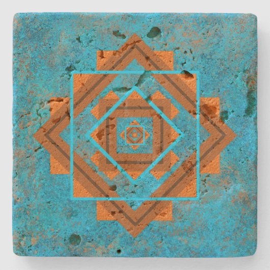 南西マウンテンピークターコイズ幾何学 ストーンコースター (正面)