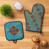 南西マウンテンピークターコイズ幾何学 鍋つかみ&鍋敷きセット (トップダウン)