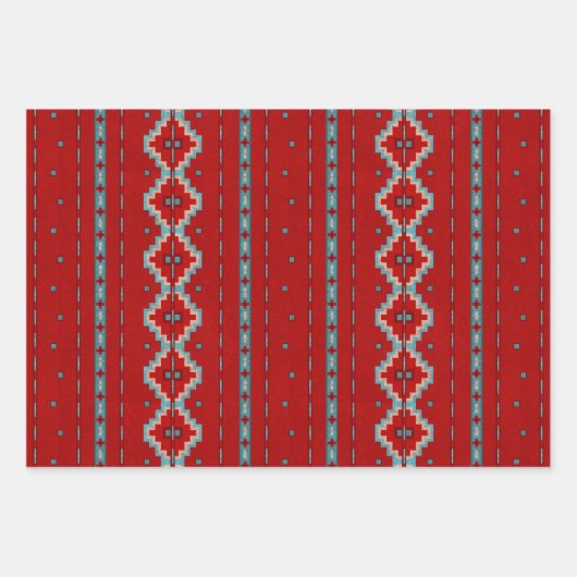 南西メサスターコイズと赤の幾何学模様 ラッピングペーパーシート (正面2)