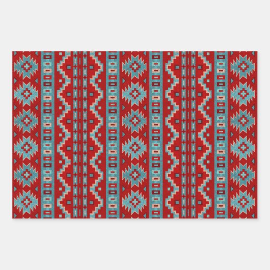 南西メサスターコイズと赤の幾何学模様 ラッピングペーパーシート (正面)
