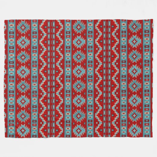 南西メサスターコイズと赤の幾何学的パターン フリースブランケット (正面(横))