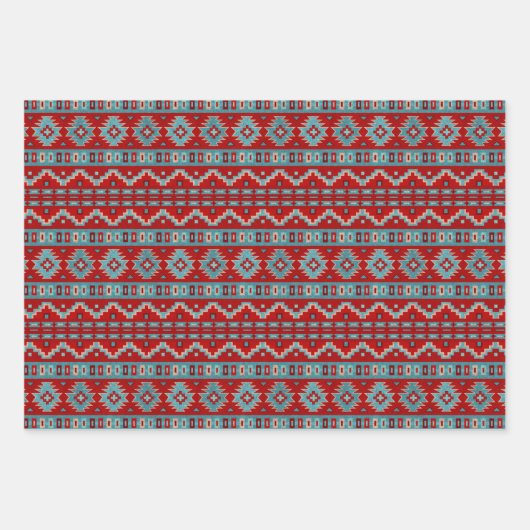 南西メサスターコイズと赤の幾何学的パターン ラッピングペーパーシート (正面)